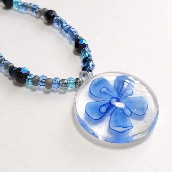 Art Glass Blue Flower Pendant Beaded Necklace - Picture 2 of 4
